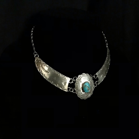 Vintage sterling silver Turquoise Concho Necklace - Picture 6 of 14